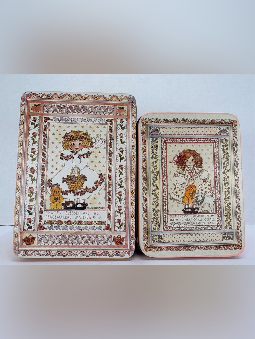 🌸 Vintage 1984 Enesco Lucy Rigg Nesting Tin Set of 2 Scripture Storage Boxes